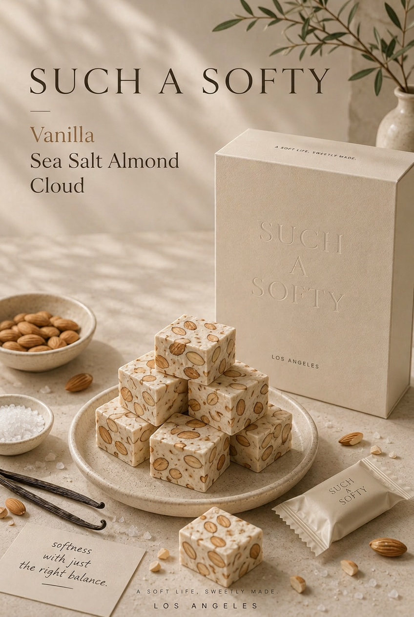 Such a Softy Vanilla Sea Salt Almond Cloud — hand-crafted milk nougat cubes with almonds, vanilla, and sea salt